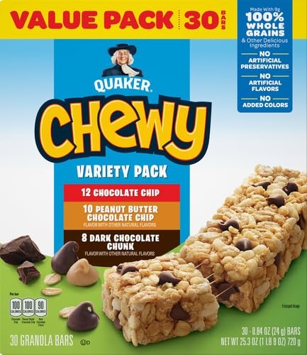 image:imageQuaker Chewy Granola Bars 3 Flavor Variety Pack 084oz Individually Wrapped Bars 30 Pack