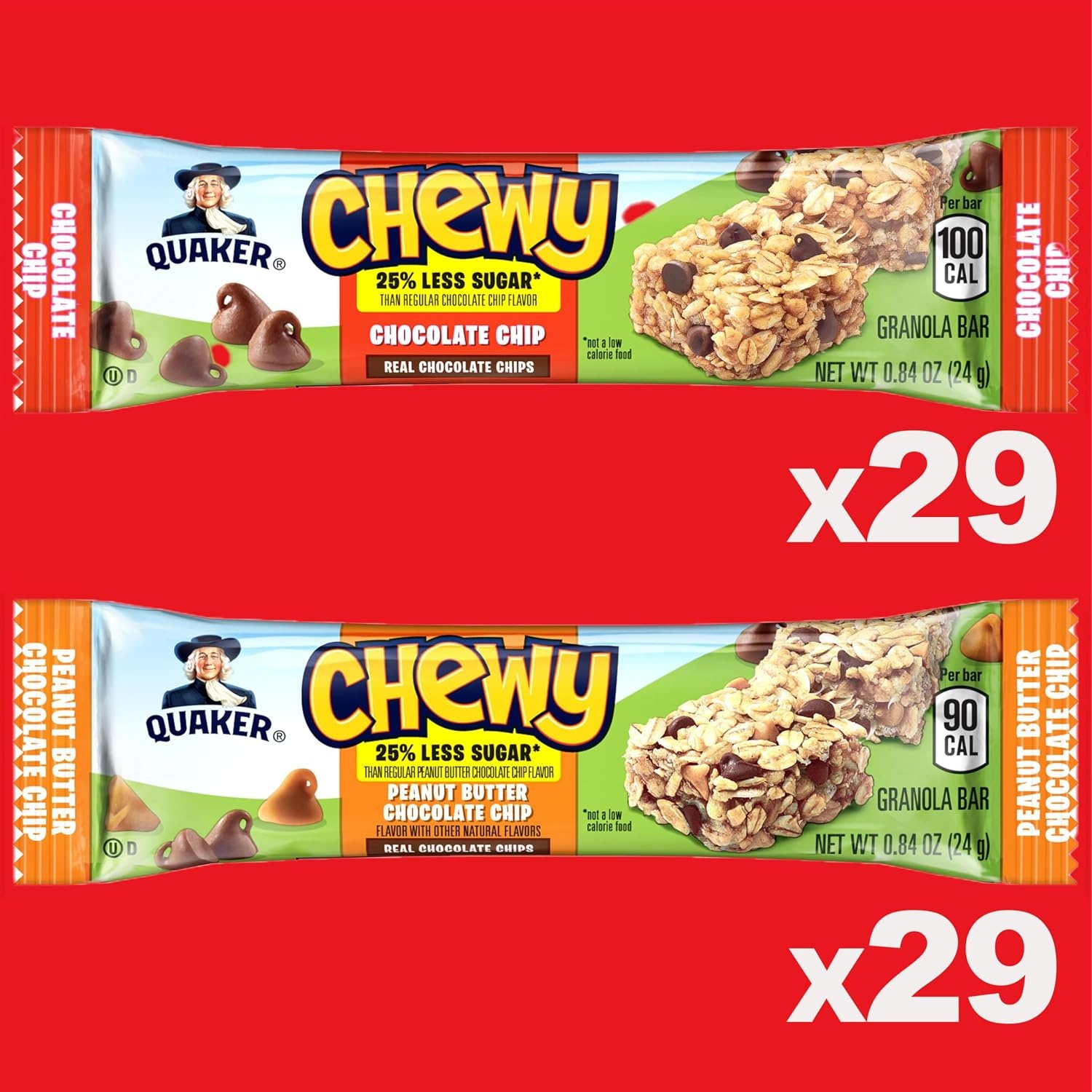 image:imageQuaker Chewy Granola Bars Peanut Butter Chocolate Chip 58 CountLess Sugar 2 Flavor Variety Pack