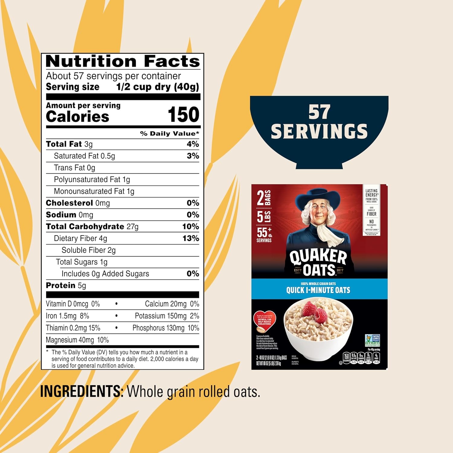 image:imageQuaker Old Fashioned Rolled Oats Non GMO Project Verified Two 64oz Bags in Box 90 Servings 4 Pound Pack of 2Quaker Quick 1Minute Oatmeal