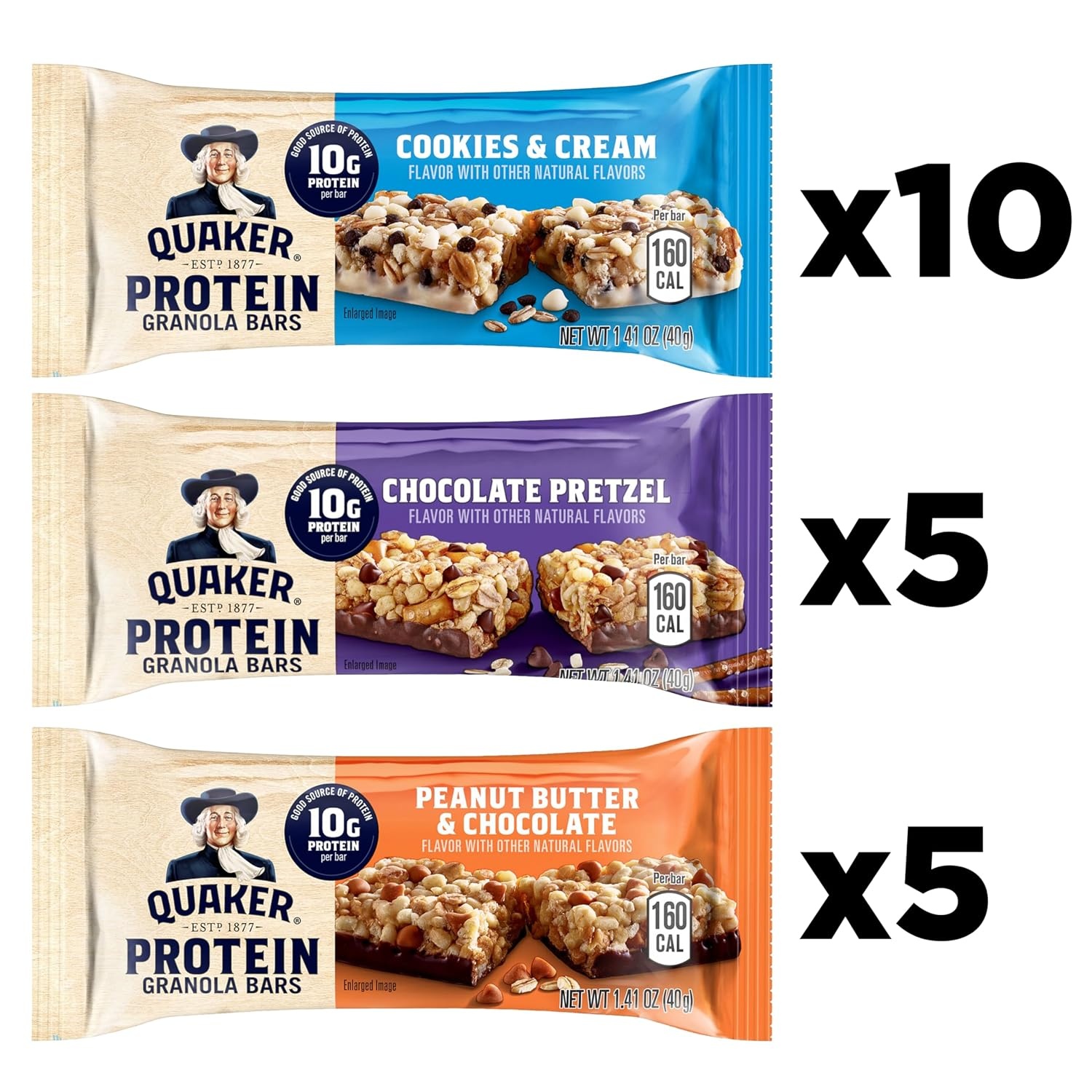 image:imageQuaker Protein Granola Bars Variety Pack 141 oz Bars 20 Pack 10g Protein