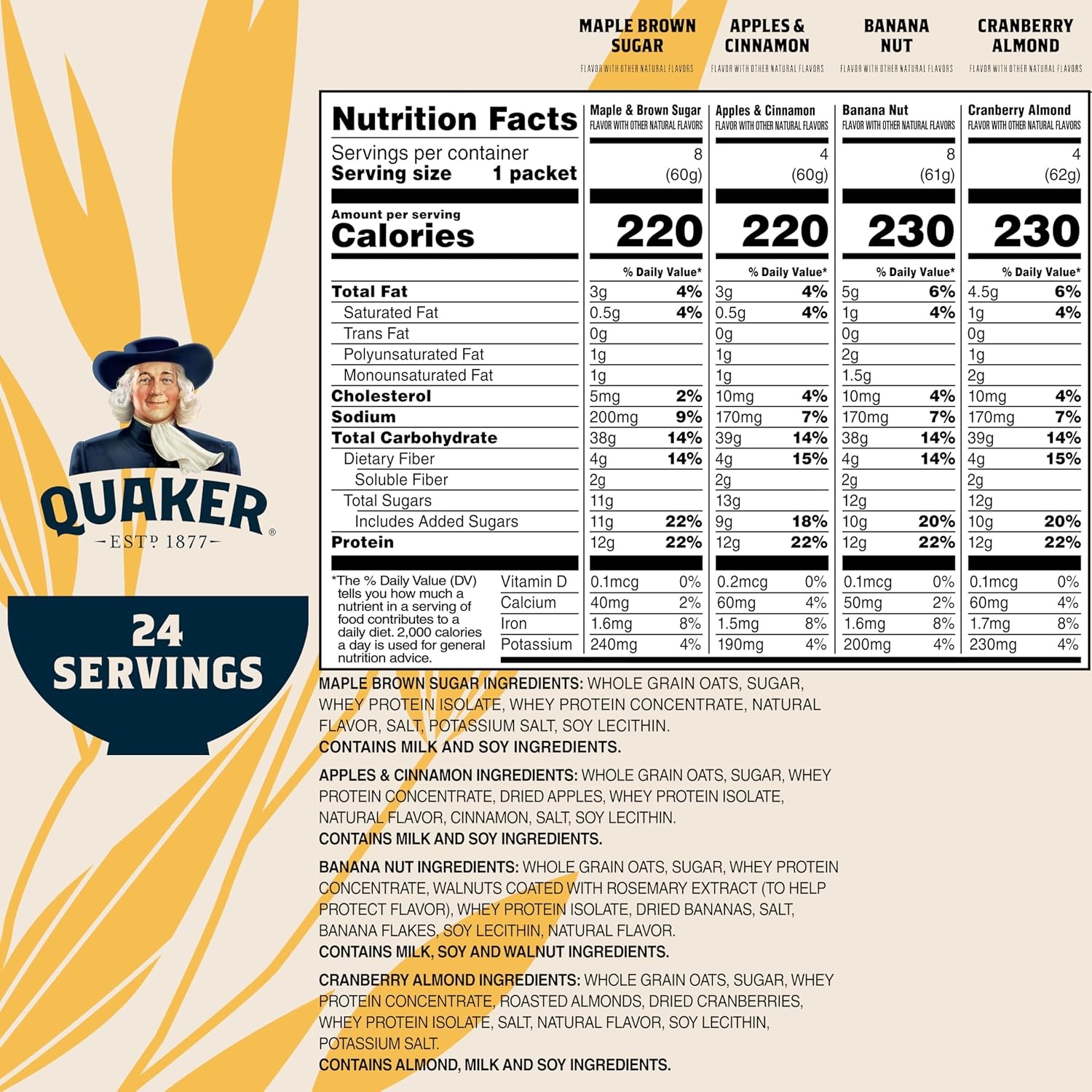 image:imageQuaker Protein Instant Oatmeal 4 Flavor Variety Pack 12g Protein per Serving Whole Grains No Artificial Flavors No Added Colors 24 Pack