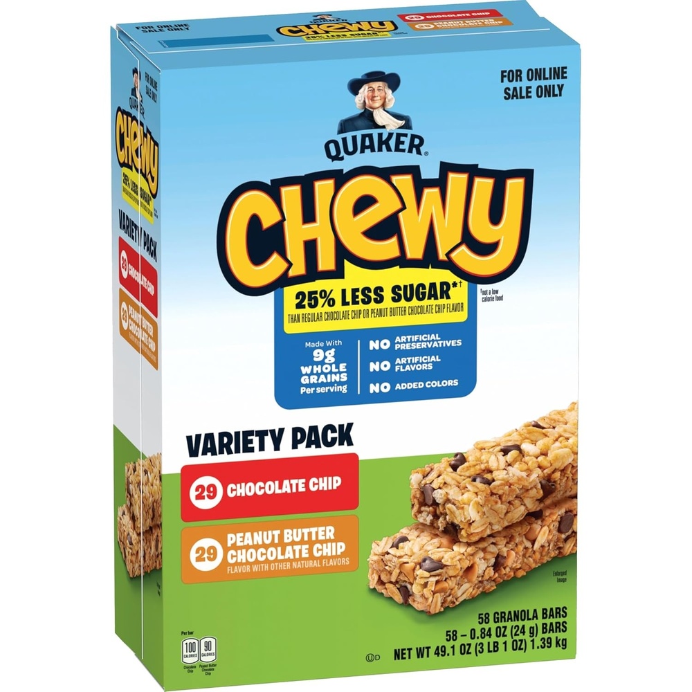 image:imageQuaker Chewy Granola Bars Peanut Butter Chocolate Chip 58 CountLess Sugar 2 Flavor Variety Pack