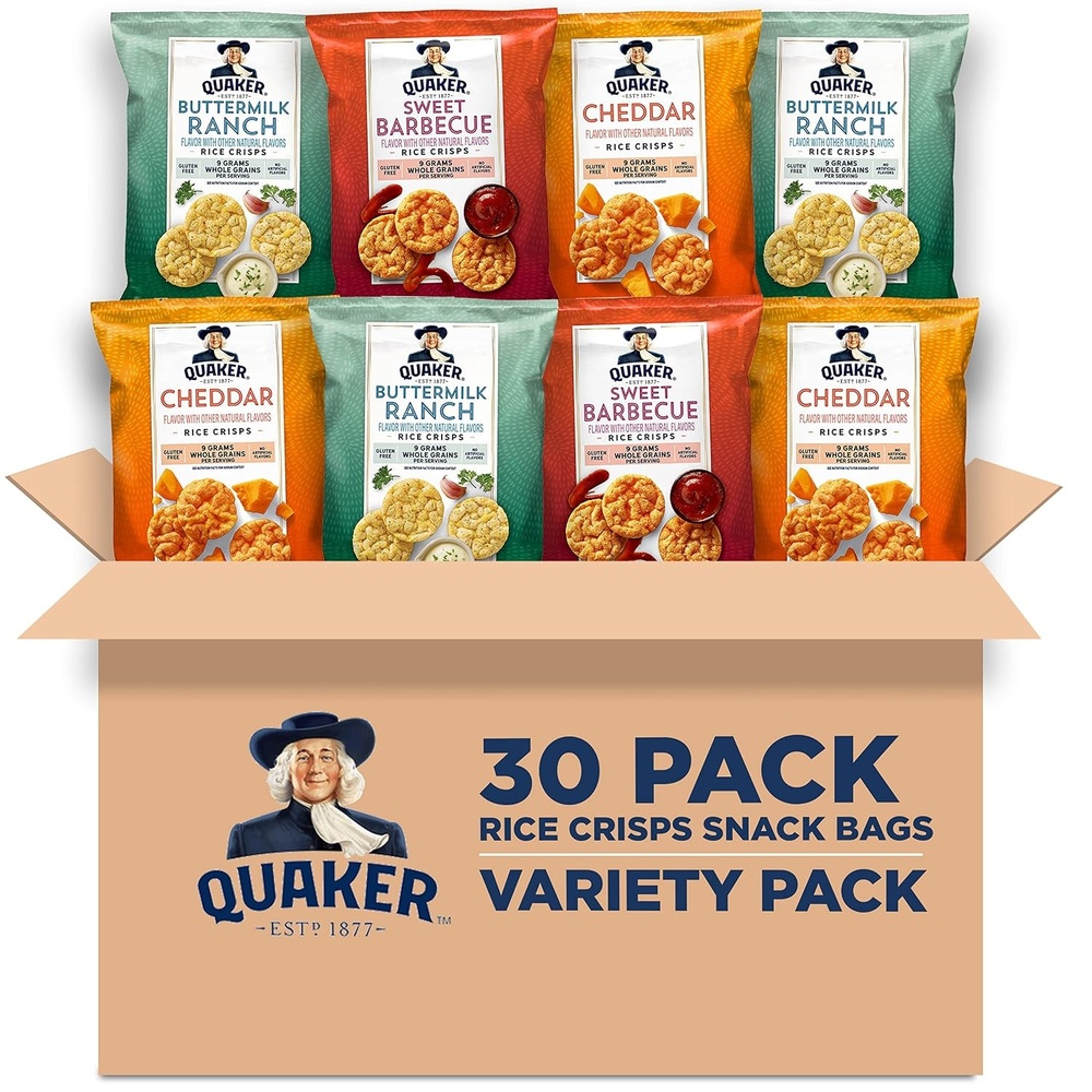 image:imageQuaker Rice Crisps Gluten Free 4 Flavor Sweet and Savory Variety Mix Single Serve 30 countSavory Variety Pack
