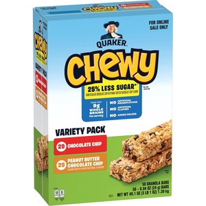 Quaker Chewy Granola Bars, Peanut Butter Chocolate Chip, 58 Count(Less Sugar 2 Flavor Variety Pack)
