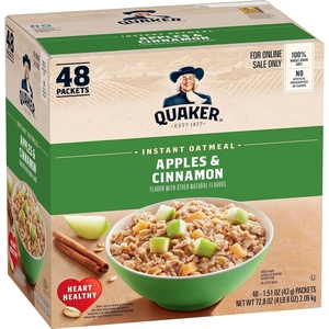 Quaker Instant Oatmeal, 4 Flavor Variety Pack, Individual Packets, 48 Count(Apples and Cinnamon)